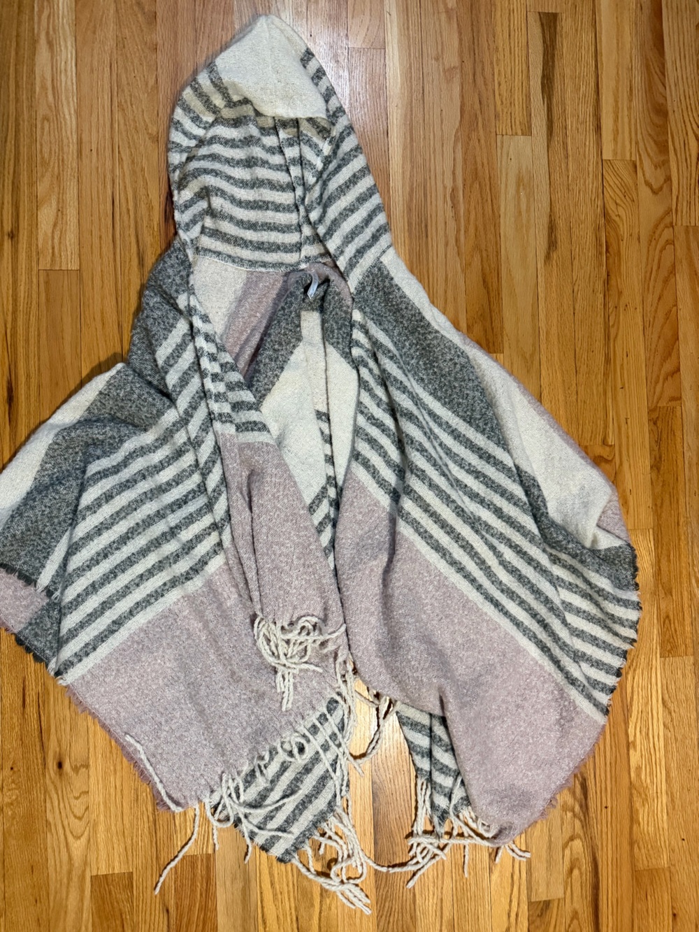 Mia & Tess gray, white, and pink striped poncho with hood